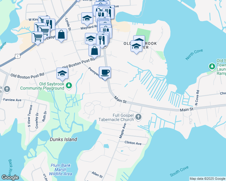 map of restaurants, bars, coffee shops, grocery stores, and more near 390 Main Street in Old Saybrook