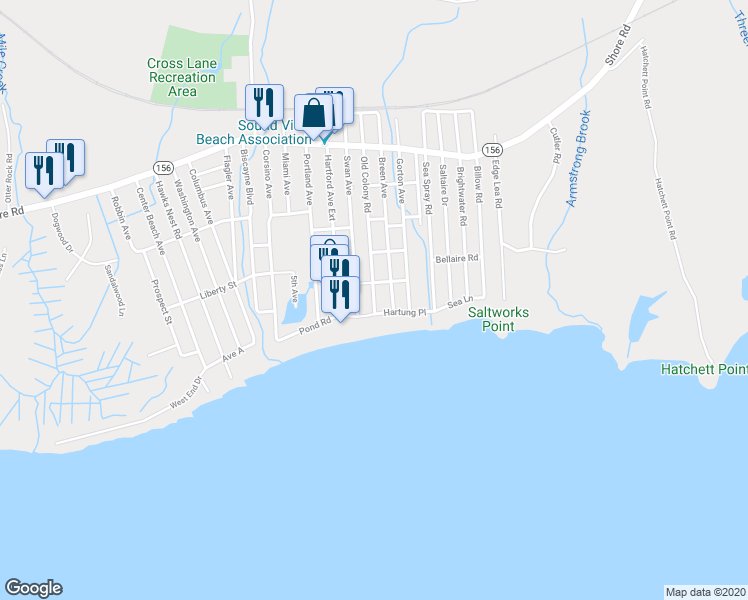 map of restaurants, bars, coffee shops, grocery stores, and more near 76 Old Colony Road in Old Lyme