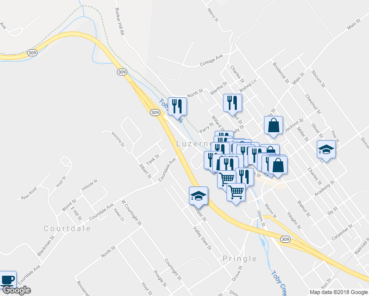 map of restaurants, bars, coffee shops, grocery stores, and more near 17 Daron Court in Luzerne