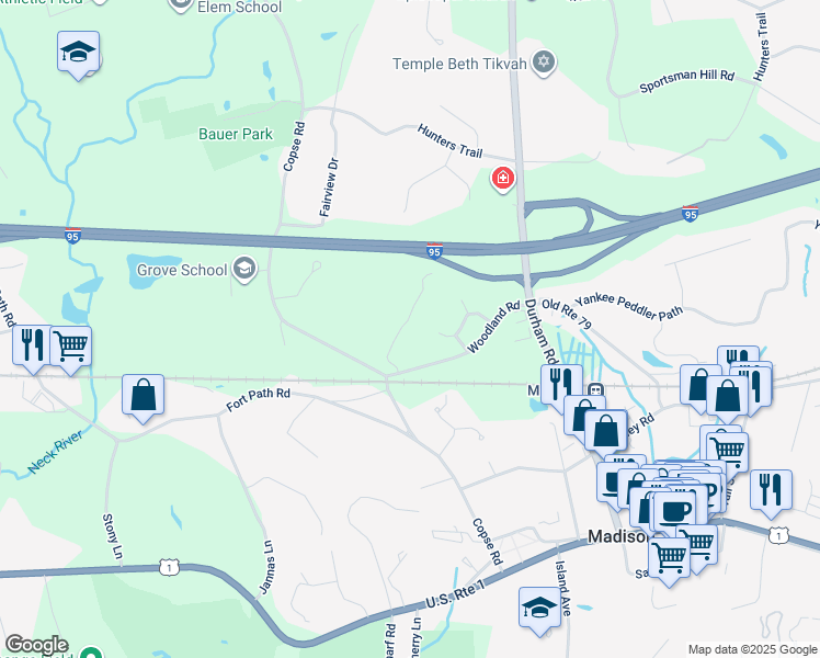 map of restaurants, bars, coffee shops, grocery stores, and more near 70 Woodland Road in Madison