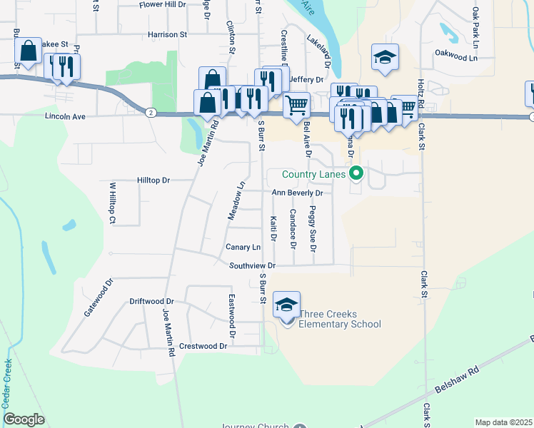 map of restaurants, bars, coffee shops, grocery stores, and more near 18334 Kaiti Drive in Lowell