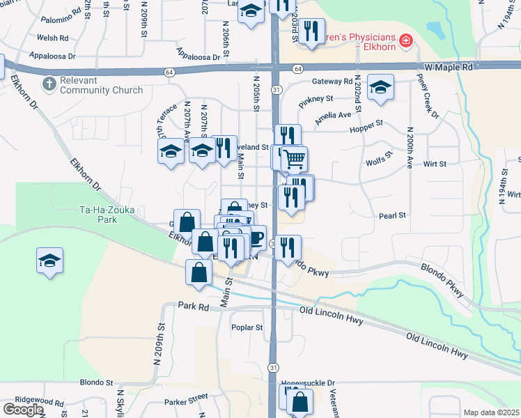 map of restaurants, bars, coffee shops, grocery stores, and more near 3011 North 205th Street in Omaha