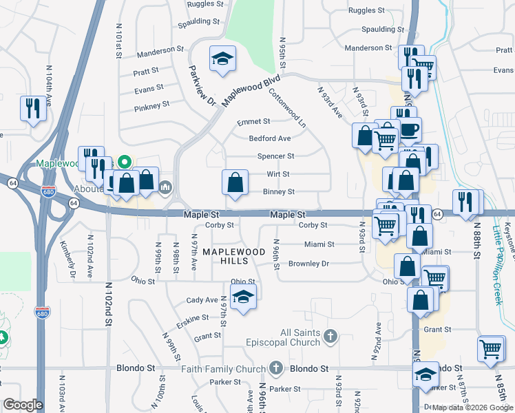 map of restaurants, bars, coffee shops, grocery stores, and more near 9605 Binney Street in Omaha