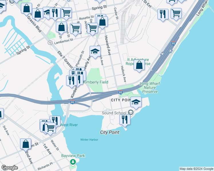 map of restaurants, bars, coffee shops, grocery stores, and more near 180 Howard Avenue in New Haven