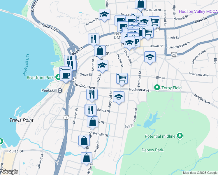map of restaurants, bars, coffee shops, grocery stores, and more near 233 Ringgold Street in Peekskill