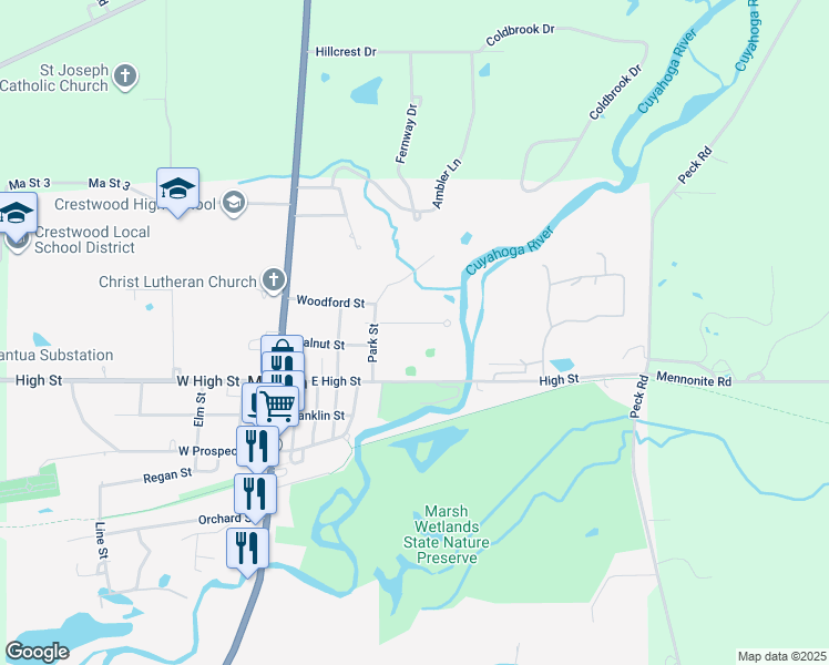 map of restaurants, bars, coffee shops, grocery stores, and more near 10828 Park Street in Mantua