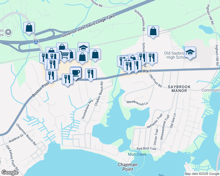 map of restaurants, bars, coffee shops, grocery stores, and more near 15 Baum Avenue in Old Saybrook