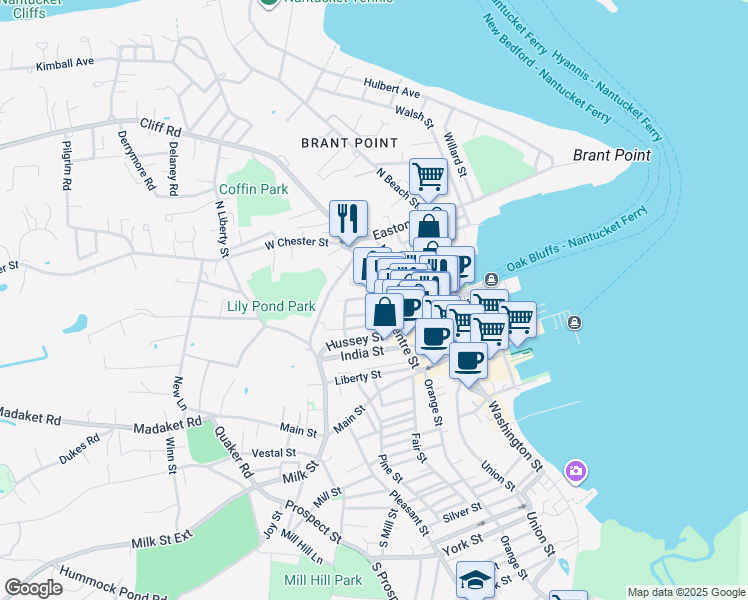map of restaurants, bars, coffee shops, grocery stores, and more near 56 Centre Street in Nantucket