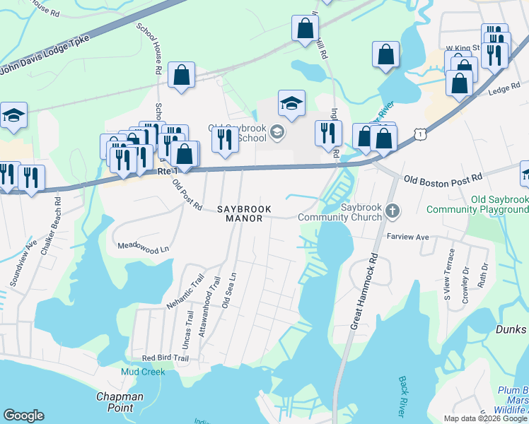 map of restaurants, bars, coffee shops, grocery stores, and more near 93 Old Post Road in Old Saybrook
