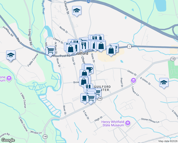 map of restaurants, bars, coffee shops, grocery stores, and more near 33 Church Street in Guilford