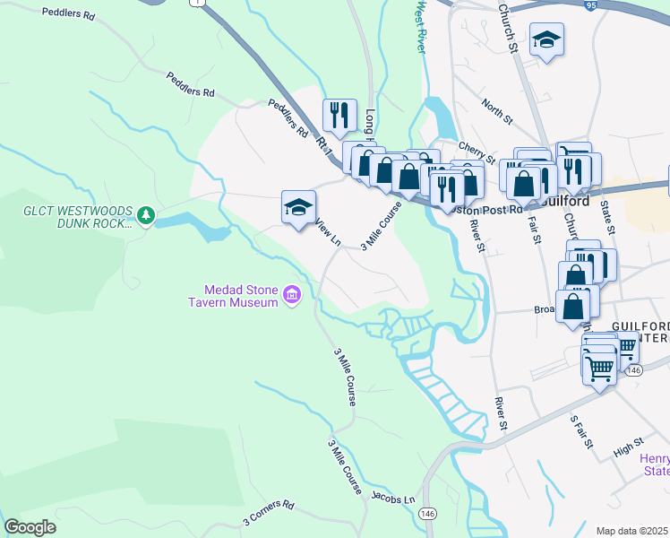 map of restaurants, bars, coffee shops, grocery stores, and more near 132 3 Mile Course in Guilford