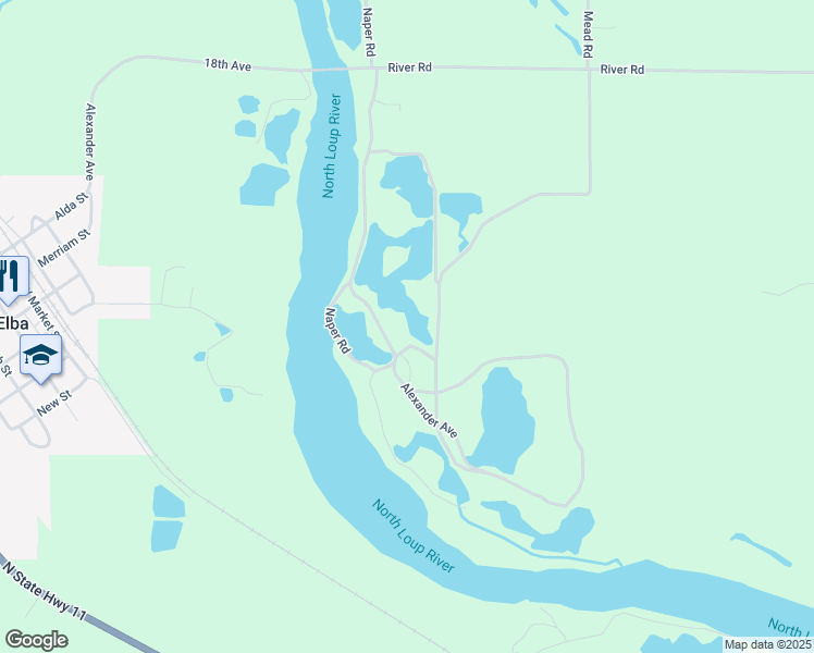 map of restaurants, bars, coffee shops, grocery stores, and more near 1493 Alexander Avenue in Elba