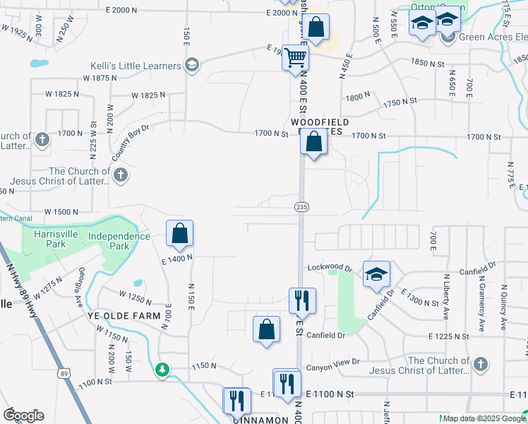 map of restaurants, bars, coffee shops, grocery stores, and more near 280 East 1500 North in Harrisville