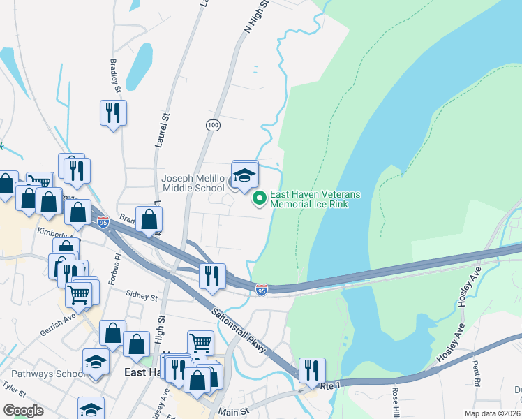 map of restaurants, bars, coffee shops, grocery stores, and more near 1 Hudson Street in East Haven