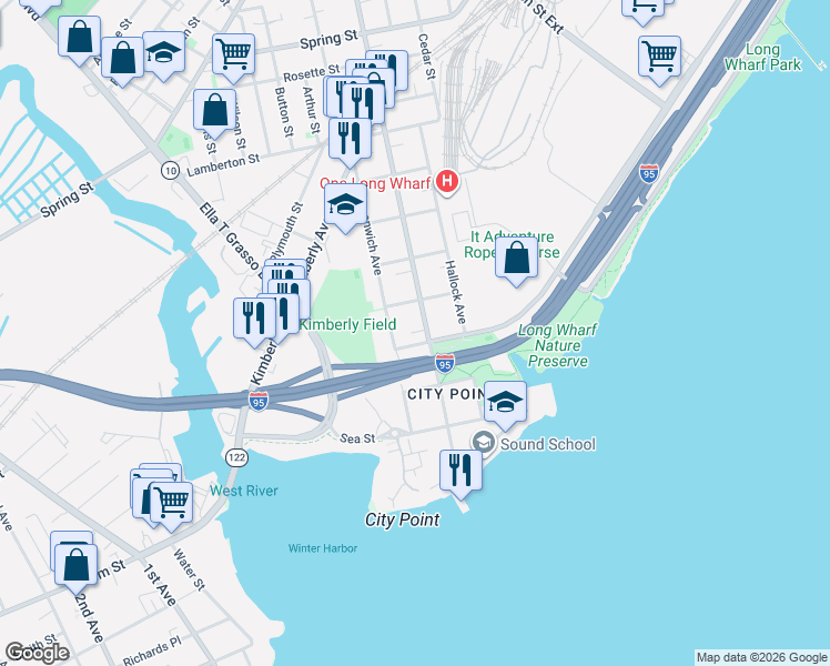 map of restaurants, bars, coffee shops, grocery stores, and more near 180 Howard Avenue in New Haven