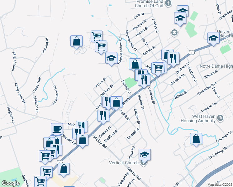 map of restaurants, bars, coffee shops, grocery stores, and more near 29 Canton Street in West Haven