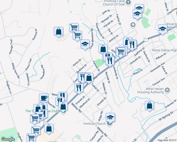 map of restaurants, bars, coffee shops, grocery stores, and more near 29 Canton Street in West Haven