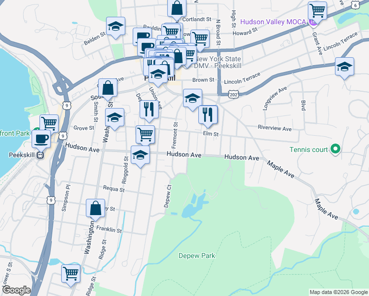 map of restaurants, bars, coffee shops, grocery stores, and more near 208 Walnut Street in Peekskill