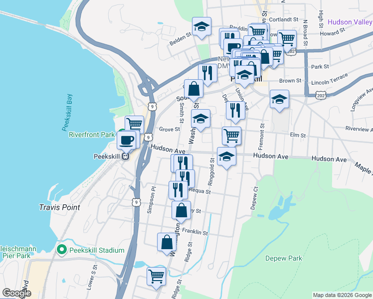 map of restaurants, bars, coffee shops, grocery stores, and more near 225 Smith Street in Peekskill