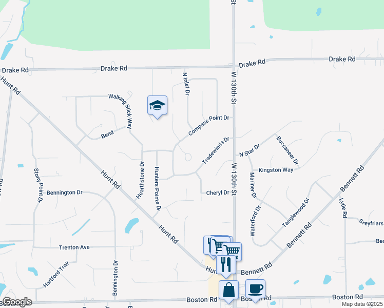 map of restaurants, bars, coffee shops, grocery stores, and more near 18603 Buccaneer Creek Lane in Strongsville