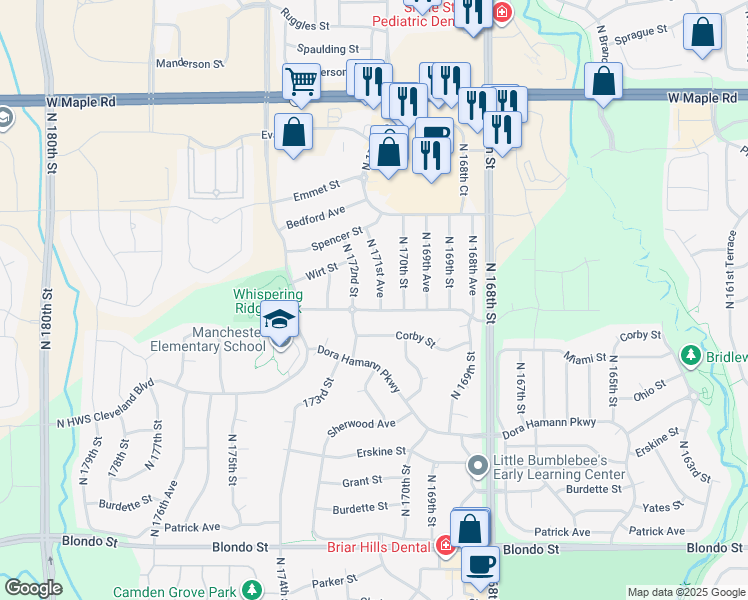 map of restaurants, bars, coffee shops, grocery stores, and more near 2921 North 172nd Street in Omaha