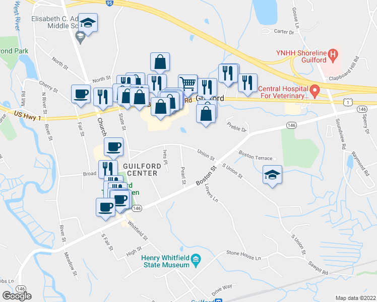 map of restaurants, bars, coffee shops, grocery stores, and more near 106 South Union Street in Guilford