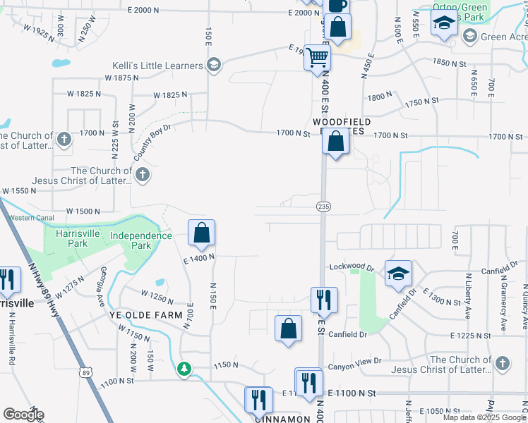 map of restaurants, bars, coffee shops, grocery stores, and more near 248 East 1500 North Street in Harrisville