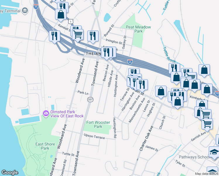 map of restaurants, bars, coffee shops, grocery stores, and more near 122 Hillside Avenue in New Haven
