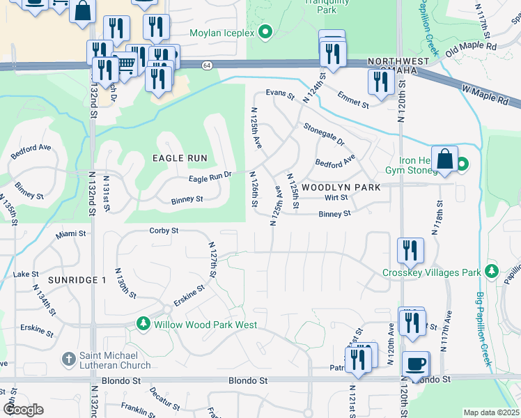 map of restaurants, bars, coffee shops, grocery stores, and more near 12575 Wirt Circle in Omaha