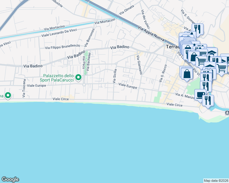 map of restaurants, bars, coffee shops, grocery stores, and more near 32B C Via Sicilia in Terracina