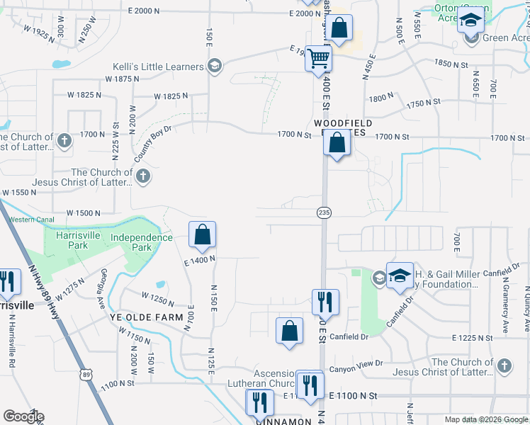 map of restaurants, bars, coffee shops, grocery stores, and more near 248 East 1500 North Street in Harrisville