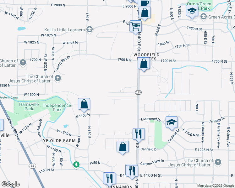 map of restaurants, bars, coffee shops, grocery stores, and more near 280 East 1500 North Street in Harrisville