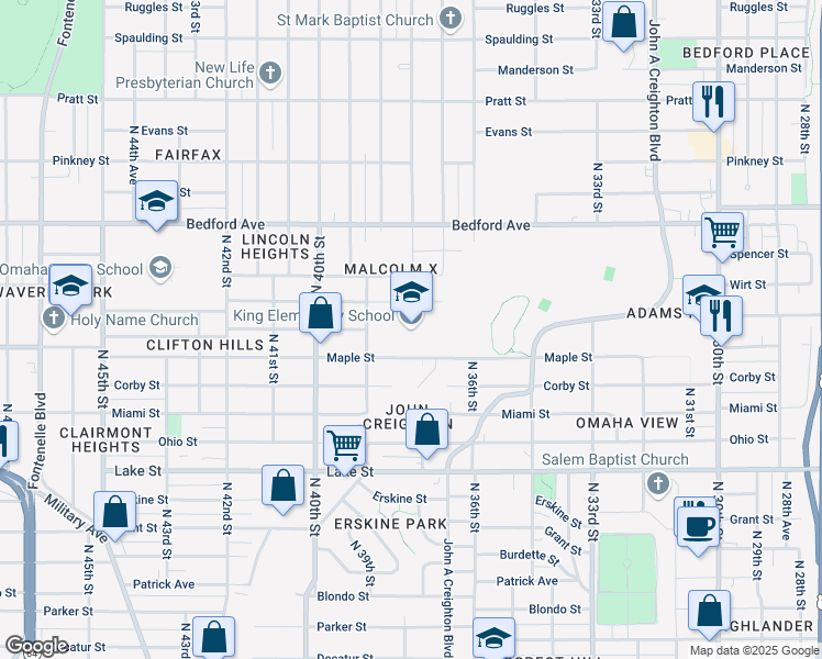 map of restaurants, bars, coffee shops, grocery stores, and more near 3706 Maple Street in Omaha