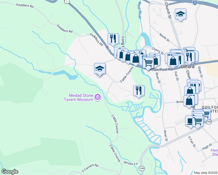 map of restaurants, bars, coffee shops, grocery stores, and more near 143 3 Mile Course in Guilford