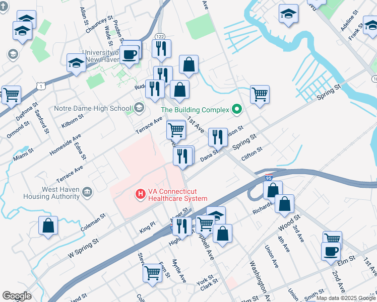 map of restaurants, bars, coffee shops, grocery stores, and more near 54 Alling Street in West Haven