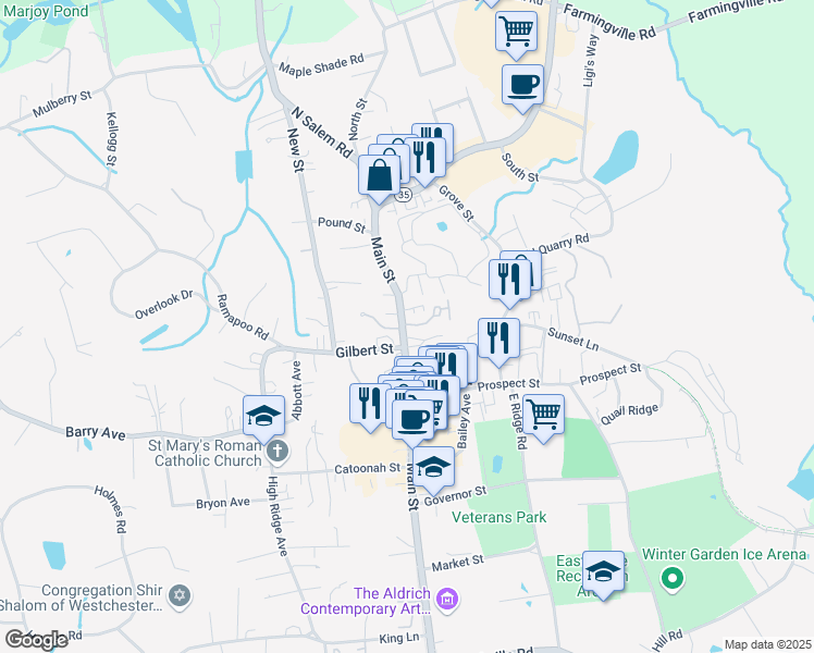 map of restaurants, bars, coffee shops, grocery stores, and more near 536 Main Street in Ridgefield