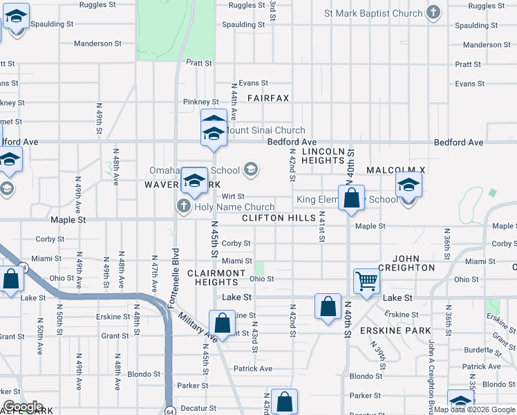 map of restaurants, bars, coffee shops, grocery stores, and more near 4257 Wirt Street in Omaha