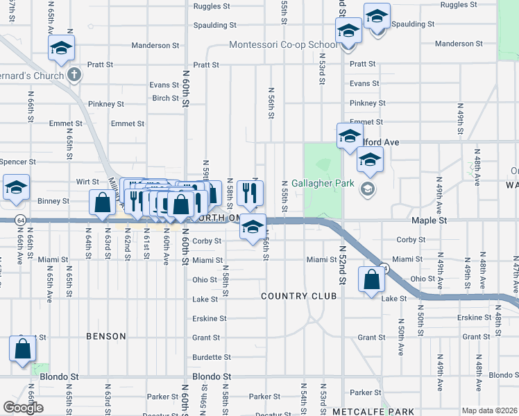 map of restaurants, bars, coffee shops, grocery stores, and more near 2926 North 56th Street in Omaha