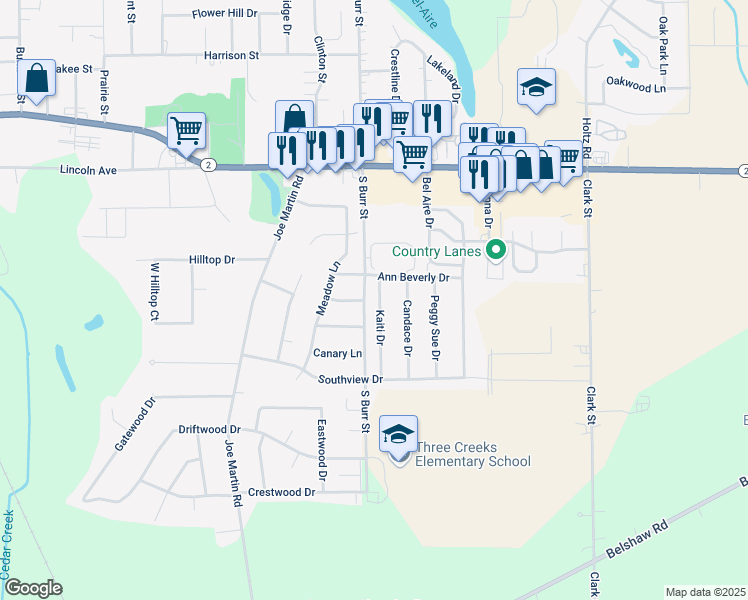 map of restaurants, bars, coffee shops, grocery stores, and more near 18334 Kaiti Drive in Lowell