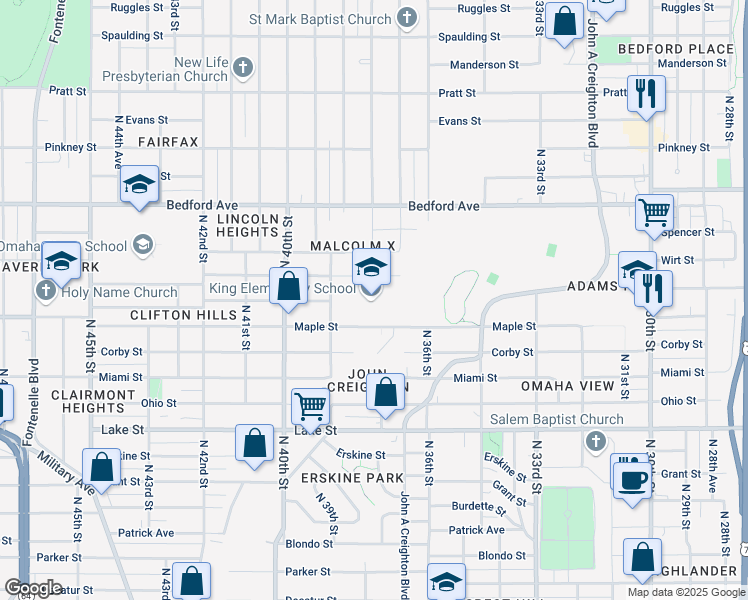 map of restaurants, bars, coffee shops, grocery stores, and more near 3706 Maple Street in Omaha
