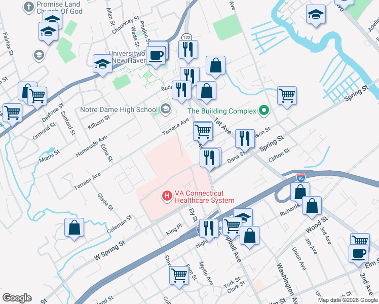 map of restaurants, bars, coffee shops, grocery stores, and more near 998 Campbell Avenue in West Haven