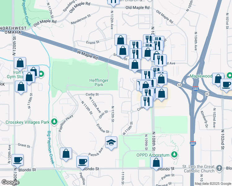 map of restaurants, bars, coffee shops, grocery stores, and more near 11206 Corby Street in Omaha