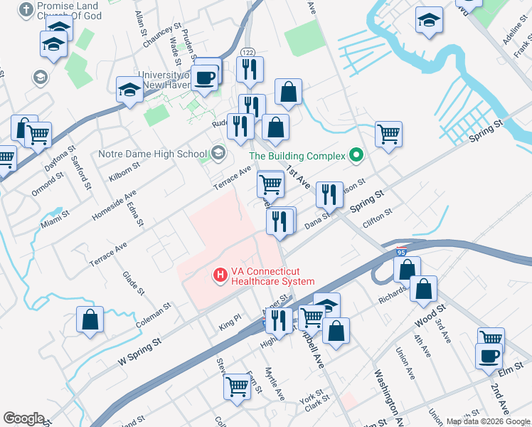 map of restaurants, bars, coffee shops, grocery stores, and more near 1004 Campbell Avenue in West Haven