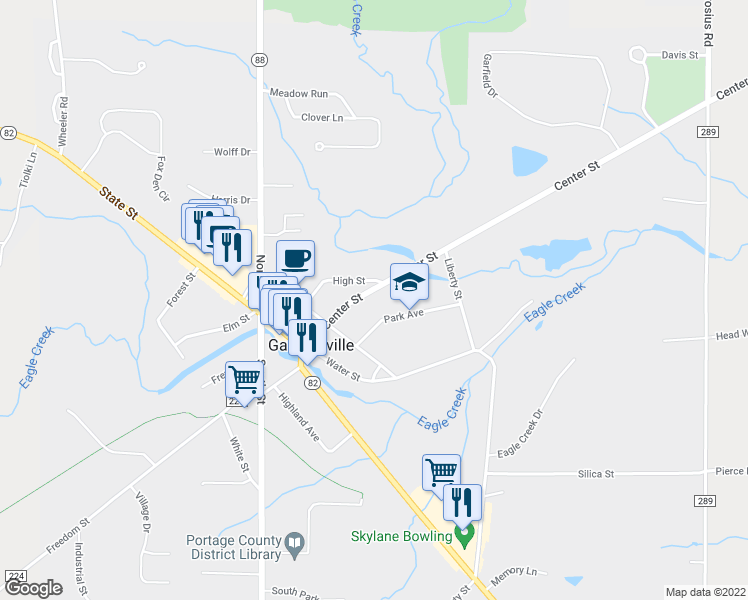 map of restaurants, bars, coffee shops, grocery stores, and more near 8192 High Street in Garrettsville