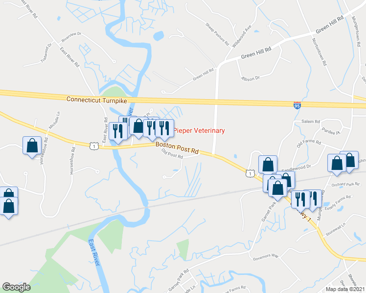 map of restaurants, bars, coffee shops, grocery stores, and more near 67 Boston Post Road in Madison