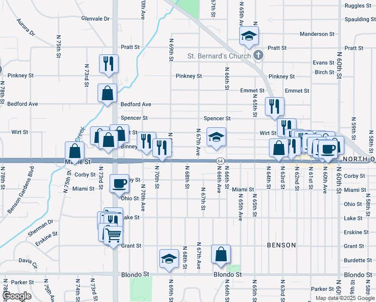 map of restaurants, bars, coffee shops, grocery stores, and more near 6772 Binney Street in Omaha
