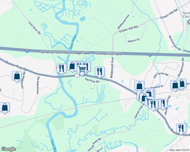 map of restaurants, bars, coffee shops, grocery stores, and more near 67 Boston Post Road in Madison