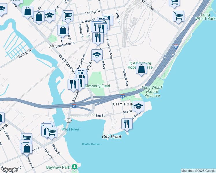 map of restaurants, bars, coffee shops, grocery stores, and more near 242 Greenwich Avenue in New Haven