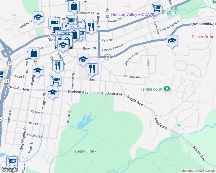 map of restaurants, bars, coffee shops, grocery stores, and more near 1217 Elm Street in Peekskill
