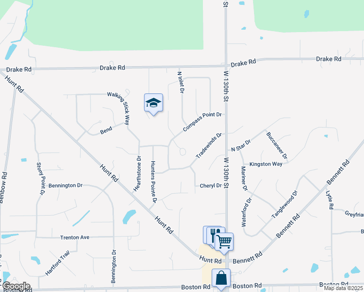 map of restaurants, bars, coffee shops, grocery stores, and more near 18603 Buccaneer Creek Lane in Strongsville
